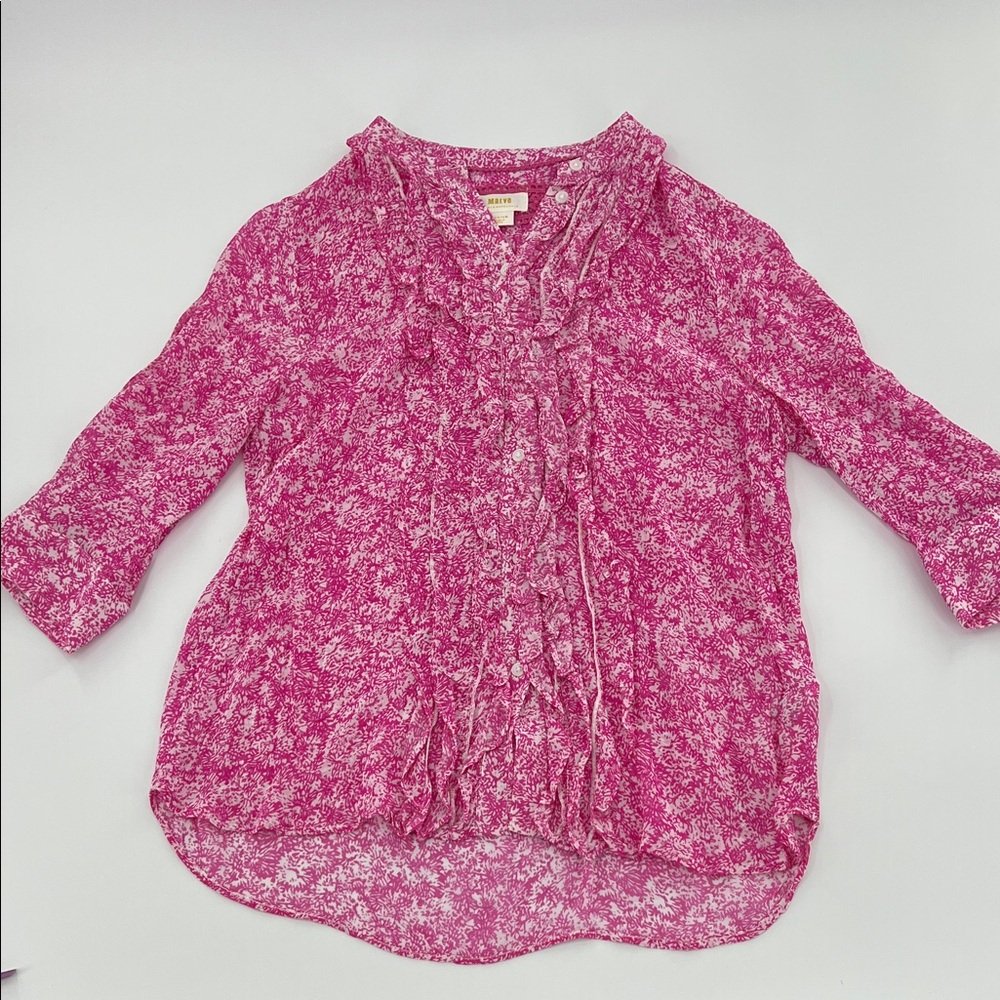 Anthropologie Maeve Pink Sheer ruffle Blouse office feminine 3/4 sleeve